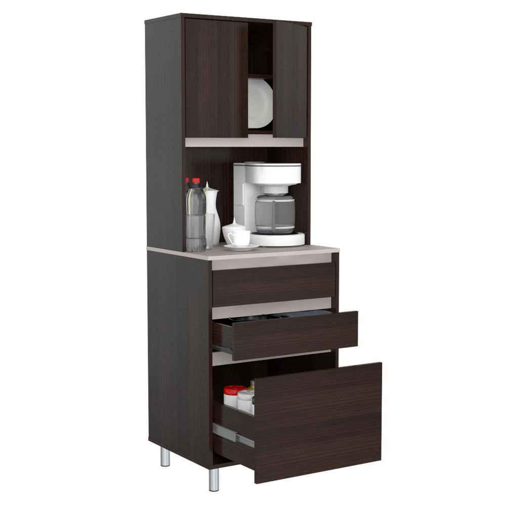 Espresso and Amber Grey 2-Door 3-Drawer Kitchen Pantry