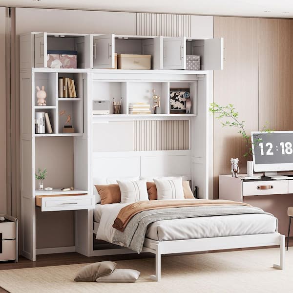 White Wood Frame Full Size Wall Murphy Bed with Desk, Top Cabinet and Storage Shelves