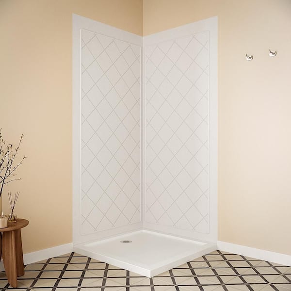 DSH-1560-166 36 in. L x 36 in. W. x. 76 in. H 2-Piece Glue-Up Corner Shower Wall Surround in White Tile Finish