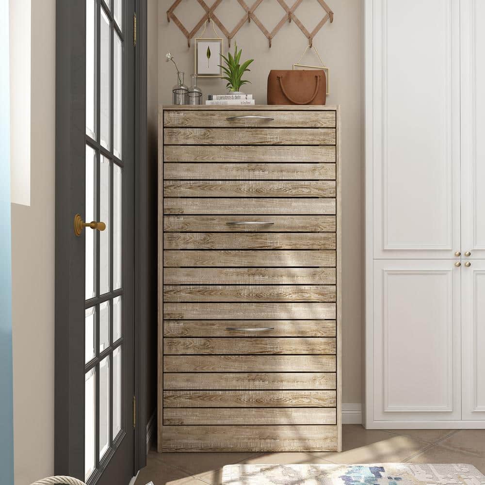 Brown Wood Grain 3-Tier Shoe Storage Rack with Metal Handles