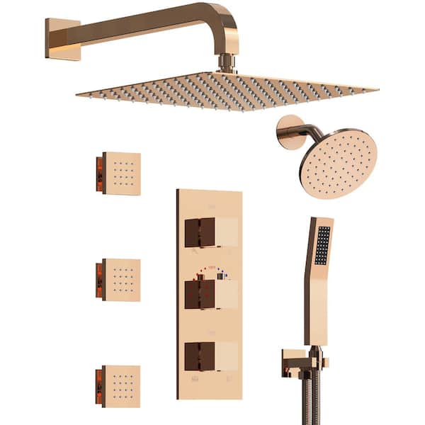 GRANDJOY Zenith Rain 8-Spray 12 in. Dual Wall Mount Shower Heads and Handheld Shower Head 2.5 GPM in Rose Gold Rough-in Include