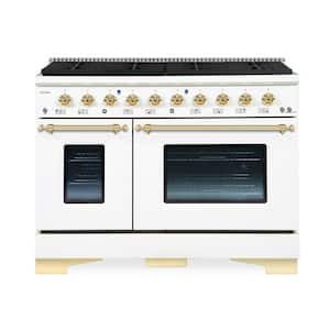 CLASSICO 48" TTL 6.7 Cu.Ft. 8 Burner Freestanding All Gas Range with Gas Stove and Gas Oven, White with Brass Trim