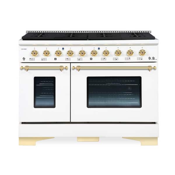 Hallman CLASSICO 48" TTL 6.7 Cu.Ft. 8 Burner Freestanding All Gas Range with Gas Stove and Gas Oven, White with Brass Trim