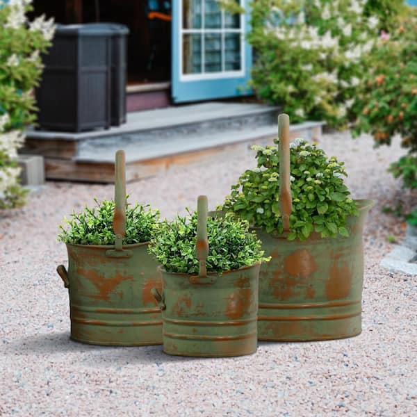 Benjara Green Tinged Metal Bucket Planter with Handles (Set of 3)