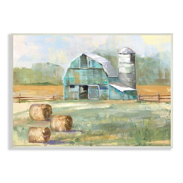 Stupell Industries Contemporary Blue Farm Barn Hay Bails Empty Field By Sally Swatland Unframed Print Nature Wall Art 13 in. x 19 in.