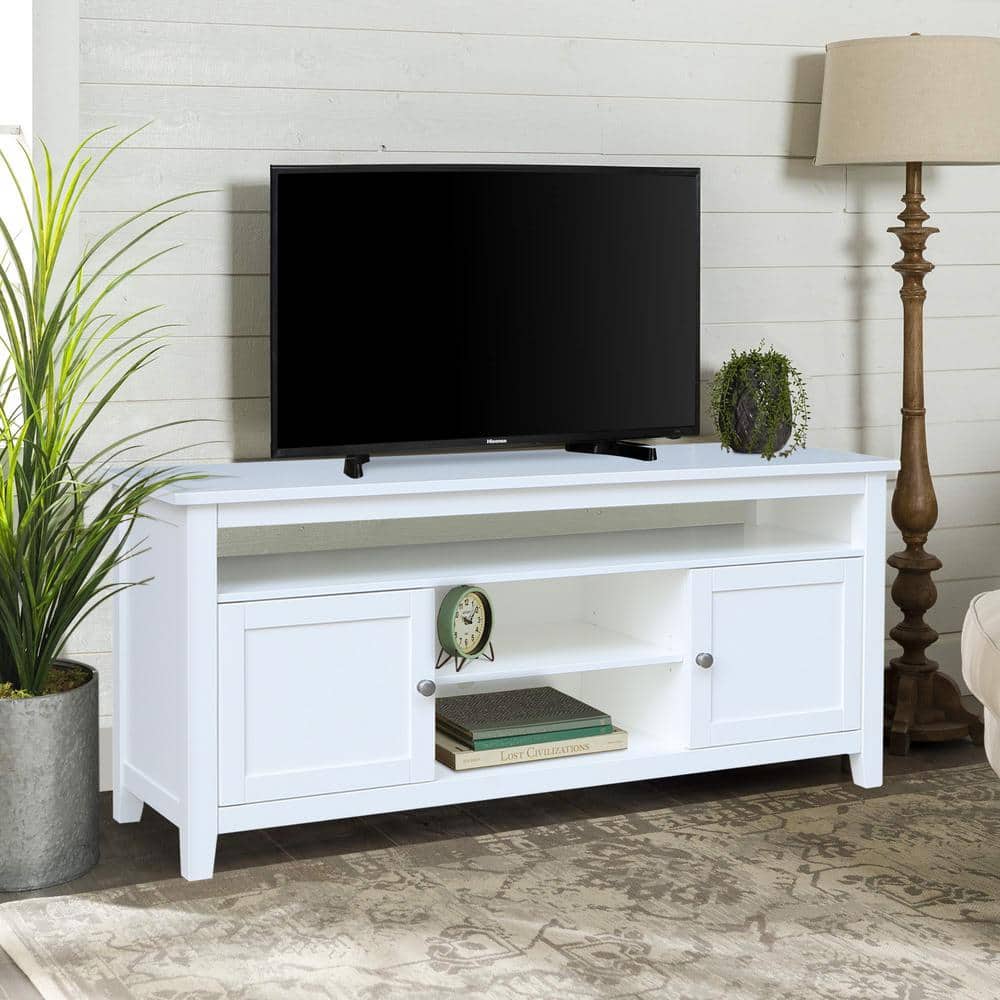 Classic Solid Wood White TV Stand with Open Shelves and Cabinet