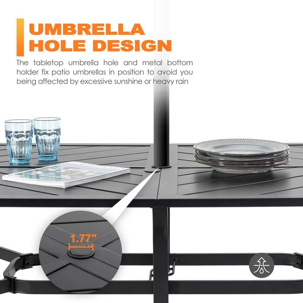 Black Powder-Coated Iron Outdoor Dining Table with Umbrella Hole
