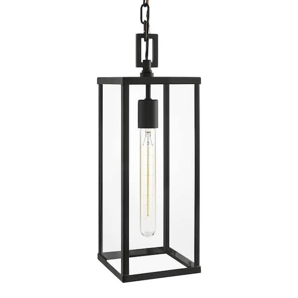 Porter Hills 17.16 in. 1-Light Matte Black Outdoor Hanging Light Pendant Light with Clear Glass and No Bulb Included