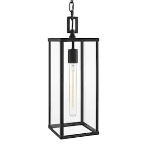 Porter Hills 17.16 in. 1-Light Matte Black Hanging Outdoor Pendant Light with Clear Glass and No Bulb Included
