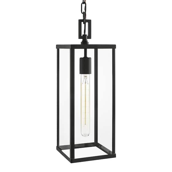 Hampton Bay Porter Hills 17.16 in. 1-Light Matte Black Hanging Outdoor Pendant Light with Clear Glass and No Bulb Included