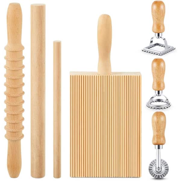7-Piece Gnocchi Pasta Making Tool Set, Wood Gnocchi Board with Ravioli Stamp, Rolling Pin, Homemade Pasta Tool Kit