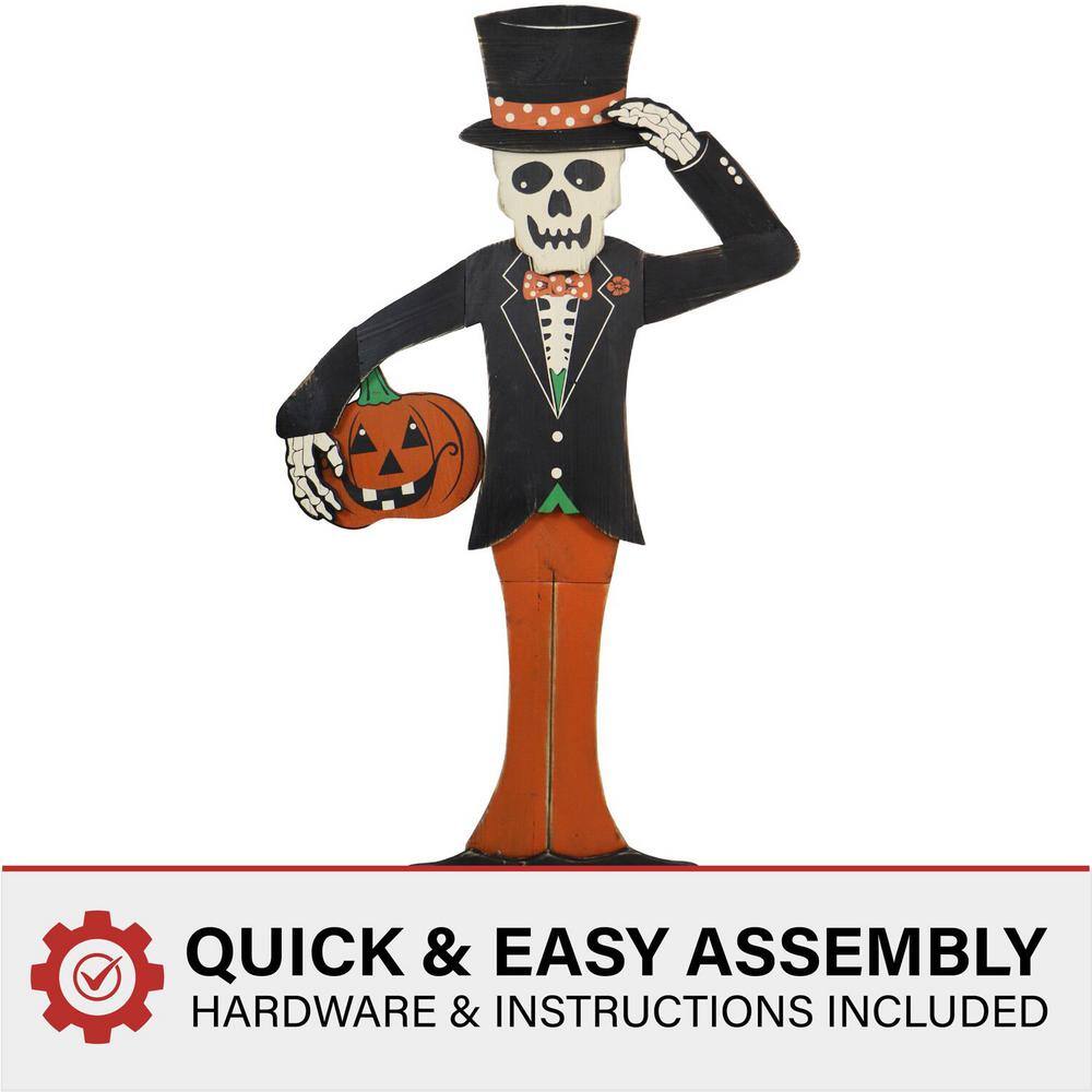 46" Painted Skeleton Holding Pumpkin Wooden Yard Stake