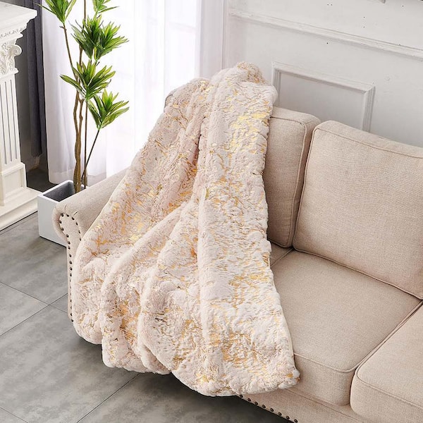 Unbranded Beige Chinchilla Faux Fur Throw Blanket Extra Soft Blankets and Throws for Sofa (60 in. x 80 in.)