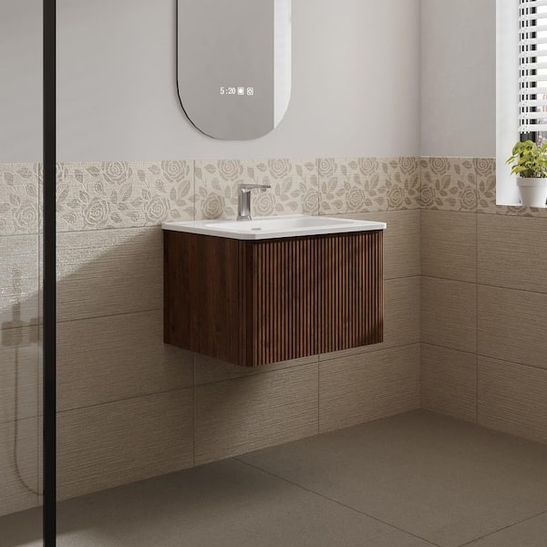 Aaby 24 in. W x 18 in. D x 15 in. H Wall Mounted Floating Bath Vanity Cabinet in Brown with White Ceramic Top and Sink