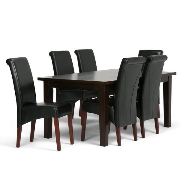 Simpli Home Avalon 7-Piece Dining Set with 6 Upholstered Dining Chairs in Midnight Black Faux Leather and 66 in. Wide Table
