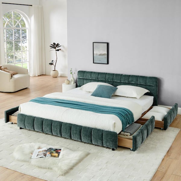anpport Modern Blue and Green Wood Frame King Chenille Upholstered Platform Bed with Headboard and 4 Drawers