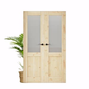 48 in. x 80 in. Universal 1/2-Lite Frosted Glass Solid Core Unfinished Pine Wood Double Prehung French Door with Jamb