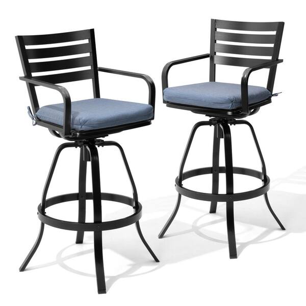 Swivel Cast Aluminum Outdoor Bar Stool with Sunbrella Spectrum Denim Blue Cushion (2-Pack)