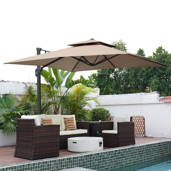 10 x 10 ft. Square Aluminum 360-Degree Rotation Cantilever Patio Umbrella with Base/Stand in Taupe for Garden Balcony