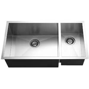 Houzer Contempo 33 in. Stainless Steel Undermount 70/30 Double Right Prep Bowl Kitchen Sink with Strainer - CTO-3370SR