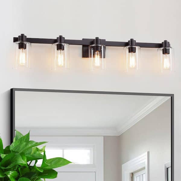 41 in. 5 Light Oil Rubbed Bronze Vanity Light with Clear Glass Shades