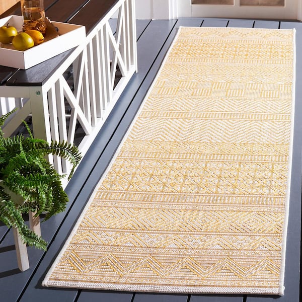 Courtyard Beige/Gold 2 ft. x 8 ft. Striped Tribal Chevron Indoor/Outdoor Runner Rug