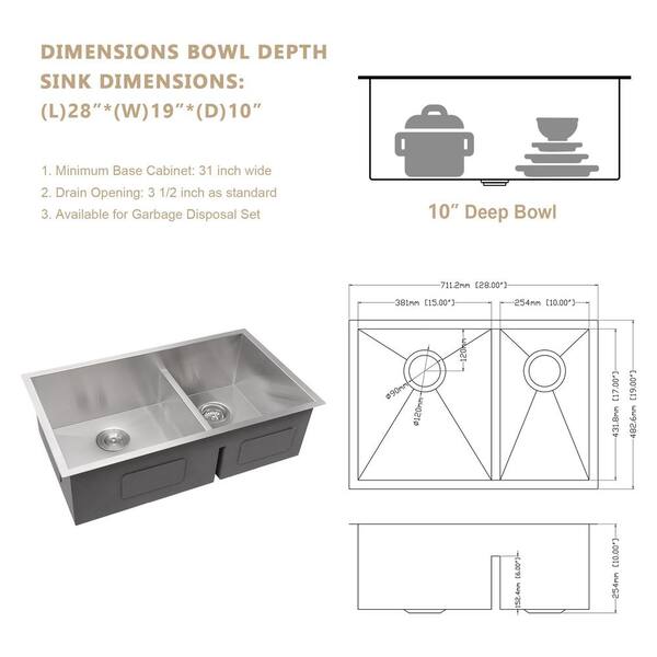 Logmey 28 in. Undermount Double Bowl 16-Gauge Stainless