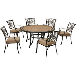 Monaco 7-Piece Aluminum Outdoor Dining Set with Tan Cushions, 6 Chairs and a 60 in. Tile-Top Table