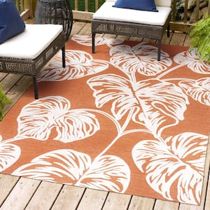 Tobago Approximate Rug Size (3 x 5 ft.) High-Low Two-Tone Orange/Ivory Monstera Leaf Indoor/Outdoor Area Rug