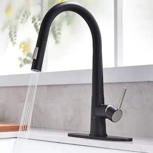 Single Handle Deck Mount Gooseneck Pull Down Sprayer Kitchen Faucet with Deckplate and Handles in Black
