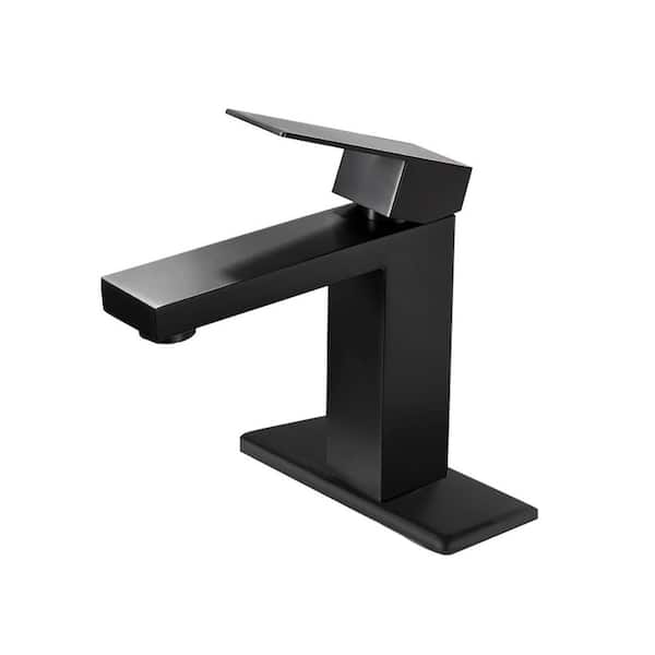 6.49 in. H Single Handle Single Hole Stainless Steel Bathroom Faucet with Deckplate and Pop Up Drain in Matte Black