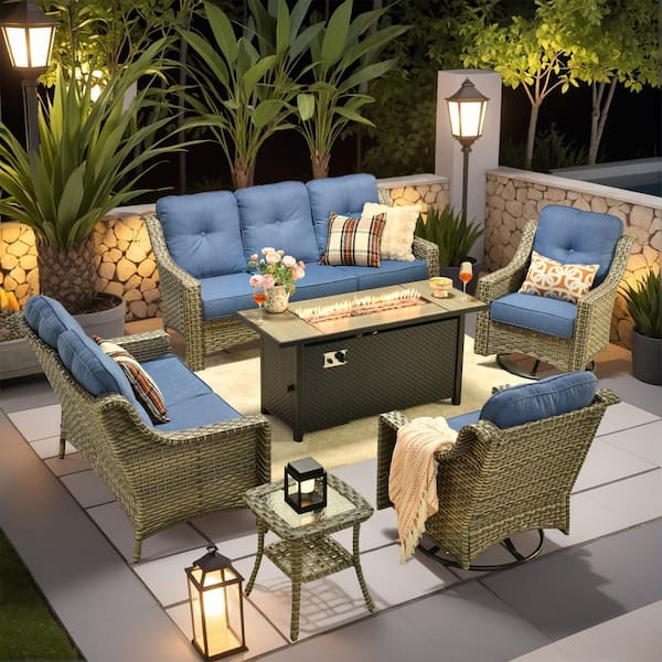 Palffy Gray 6-Piece Wicker Patio Rectangle Fire Pit Conversation Set with Diamond Blue Cushions and Swivel Chairs