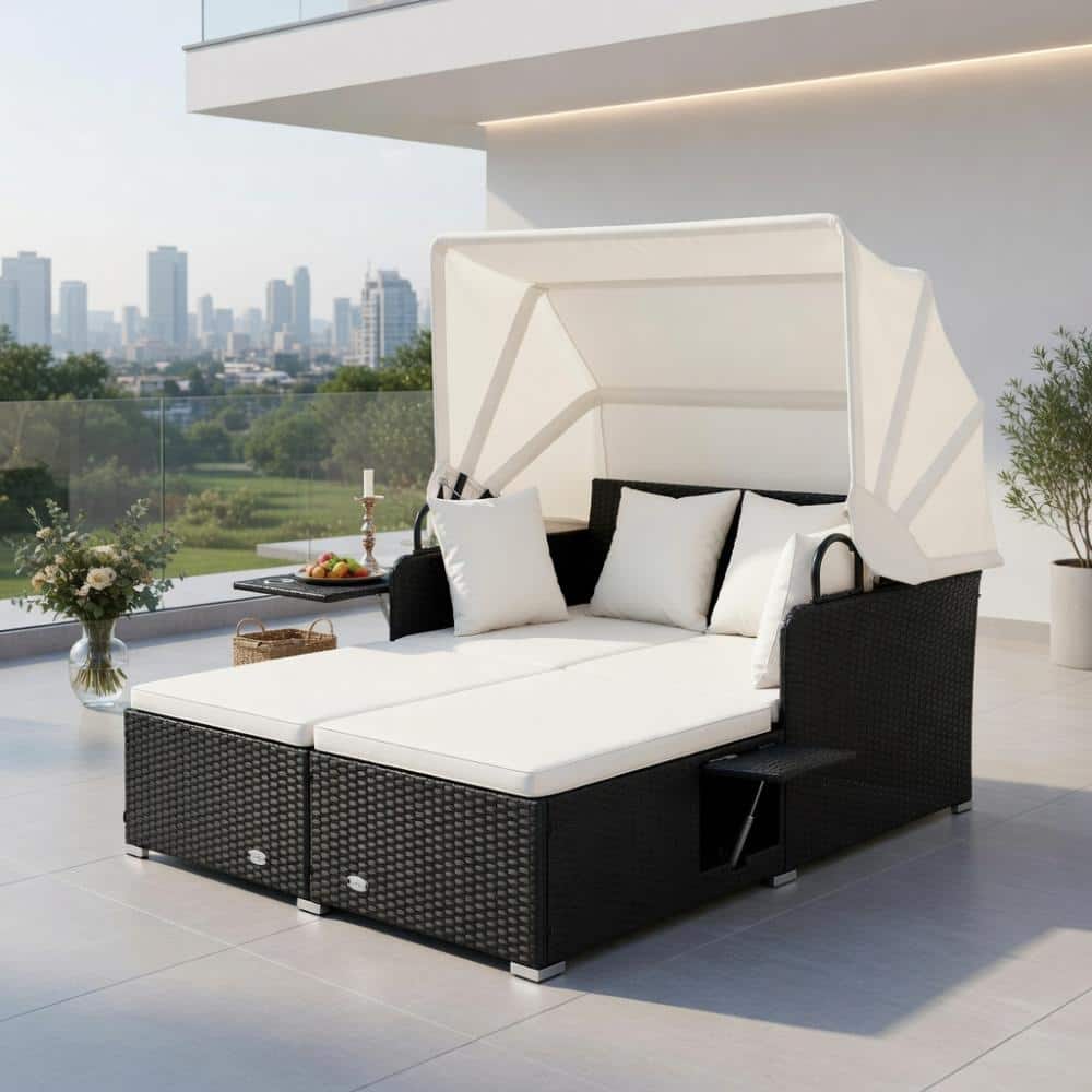 Wicker Daybed, Adjustable Retractable Canopy, Foldable Trays & Off-White Cushions for Poolside