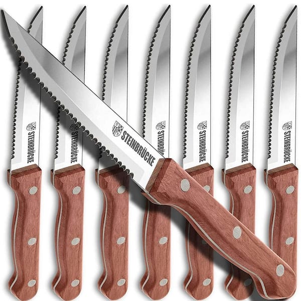 Unbranded 4.5 in. Stainless Steel Full Tang Serrated Edge Steak Knife with Wooden Handle (Set of 8) Stainless Steel Blade