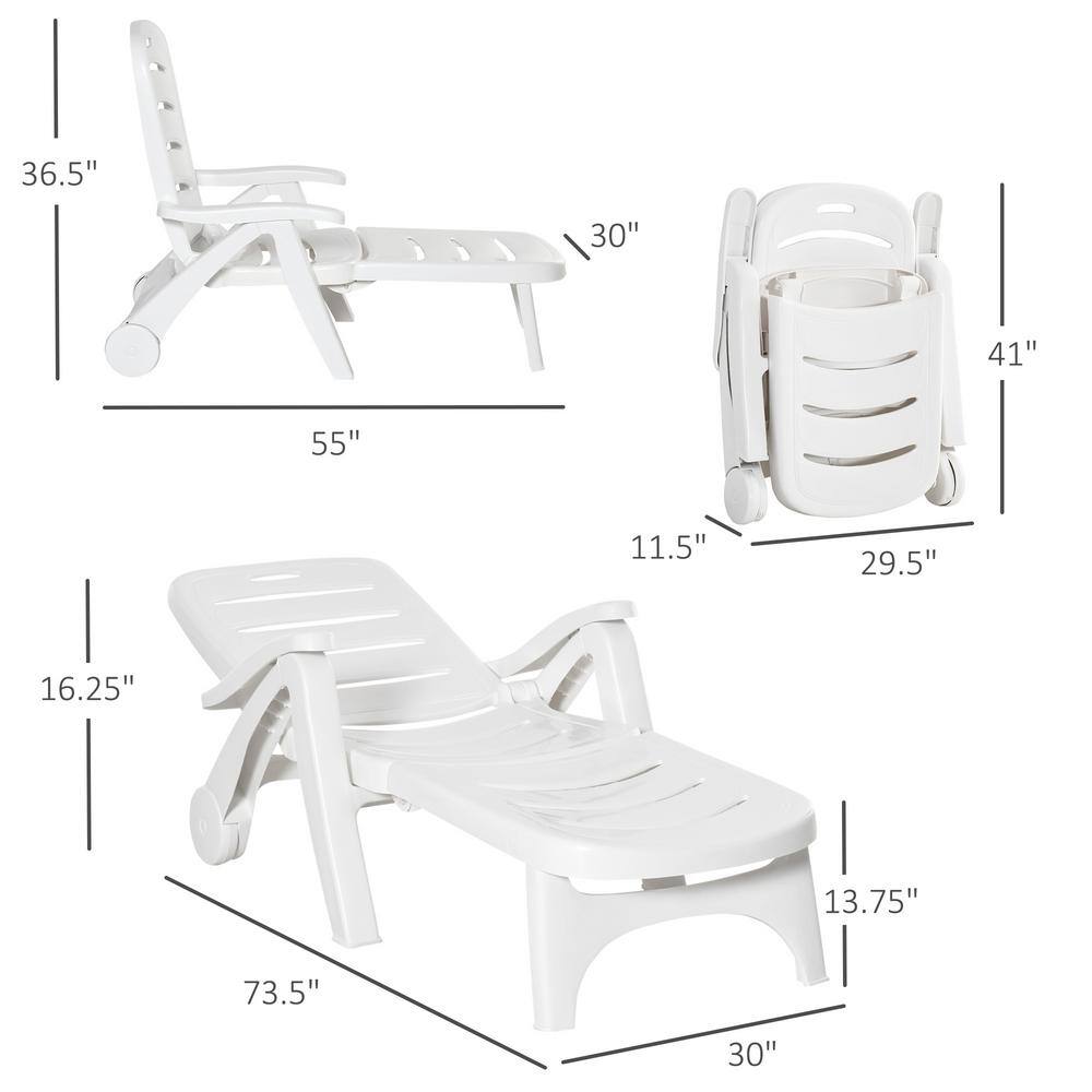 White Plastic Folding Outdoor Chaise Lounge with Adjustable Backrest and Wheels