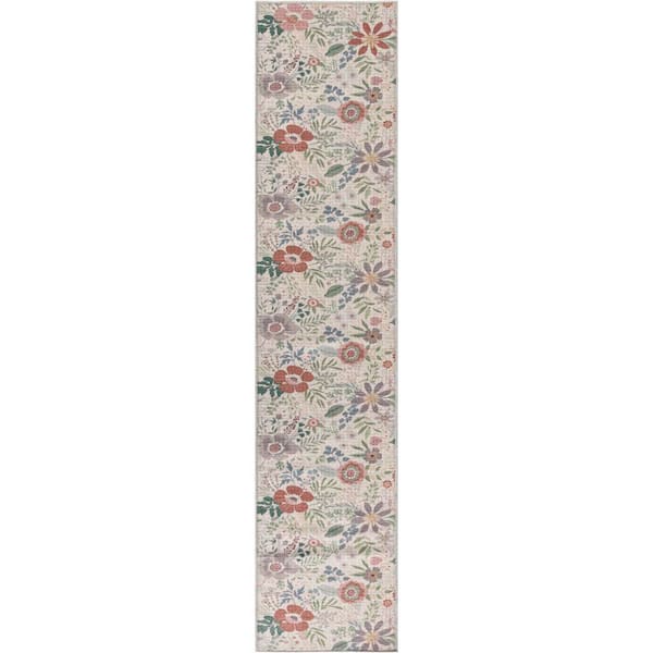 Nourison Washables Cream Multicolor 2 ft. x 10 ft. Botanical Traditional Runner Area Rug