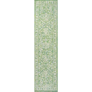 Malta Cream/Green 2 ft. x 10 ft. Bohemian Medallion Textured Weave Indoor/Outdoor Area Rug