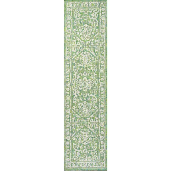 Malta Cream/Green 2 ft. x 8 ft. Bohemian Medallion Textured Weave Indoor/Outdoor Area Rug