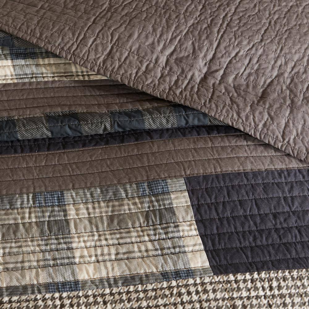 Full Brown Cotton Reversible Quilt Set with Plaid Stripes
