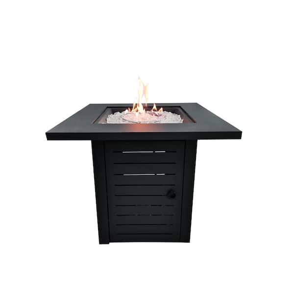 H Square Black Metal Propane Fire Pit, Outdoor Propane Fire Pit With Glass Rocks