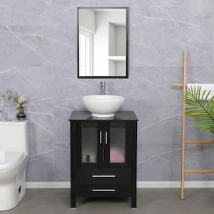 24 in. W x 20 in. D x 32 in. H Single Sink Bath Vanity in Black with Ceramic Vessel Sink Top Chrome Faucet and Mirror