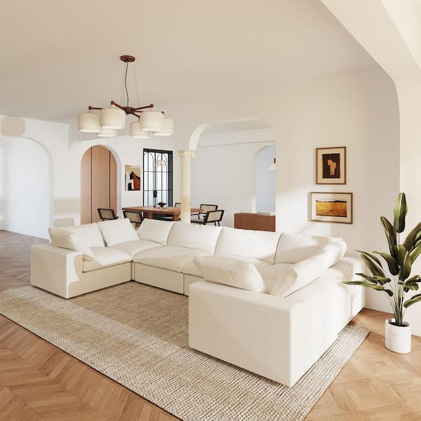 157 in. Square Arm 6-Piece Microfiber U-Shaped Sectional Sofa Cloud Couch in White with Storage Ottomans