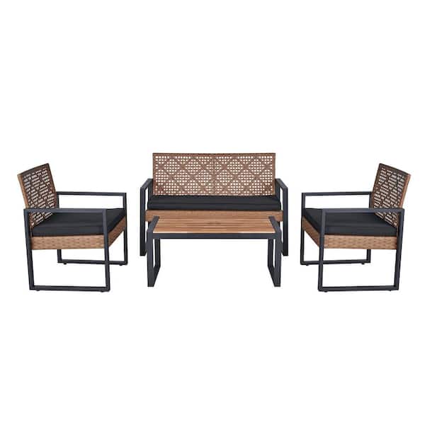 Zeus & Ruta Brown 4-Piece PE Rattan Wicker Patio Conversation Sectional Set with Black Cushion and Coffee Table for Garden, Backyard