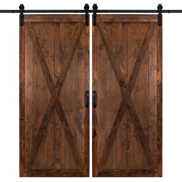 Dogberry 42 in. x 84 in. Walnut Classic X Wood Double Sliding Barn Door with Hardware Kit