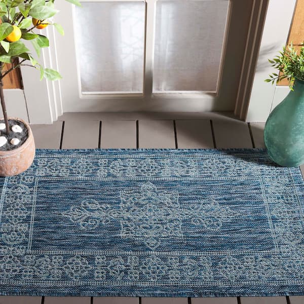 Courtyard Navy/Ivory 3 ft. x 5 ft. Border Medallion Indoor/Outdoor Area Rug