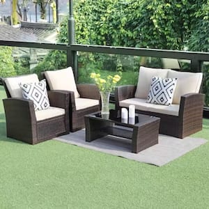 4-Pieces Outdoor Patio Furniture Set PE Rattan Wicker with Beige Cushions