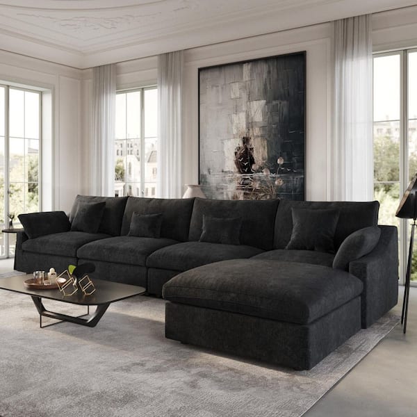 J&E Home 155.9 in. Slope Arm Linen 5-Pieces Modular Free Combination Sofa with Ottoman in Black