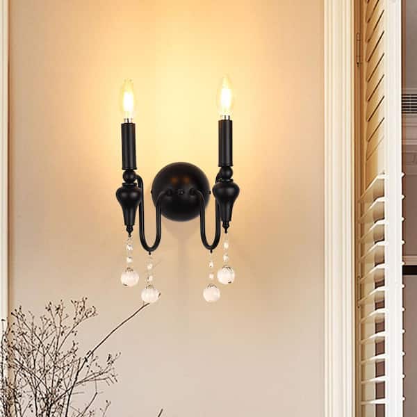 PAKOKULA 2-Light Vintage Black Candle Style Double Wall Sconce with Crystal Decoration