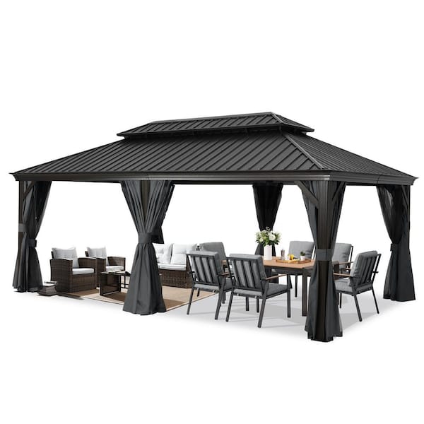 12 ft. x 20 ft. Gray Hardtop Patio Gazebo Galvanized Steel Double Roof Aluminum Pavilion with Netting and Curtain
