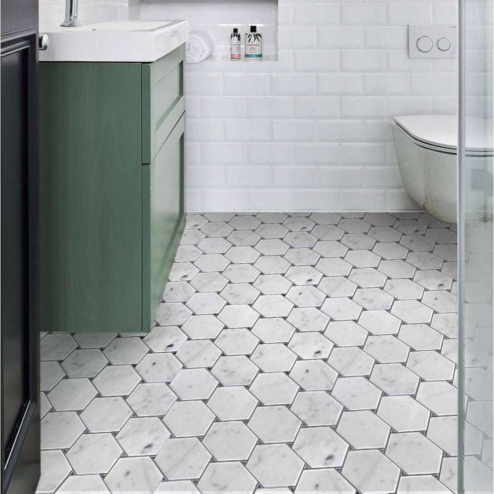 Athens White and Gray Polished Marble Hexagon Mosaic Tile